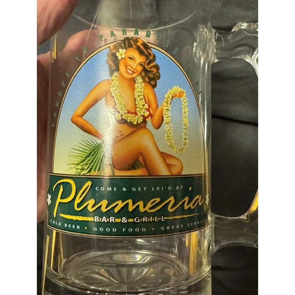 Come Get Lei'd At The Plumeria Bar And Grill Beer Mug Glass Hula Girl Tiki
